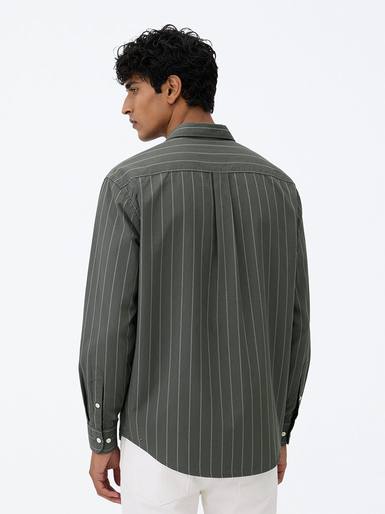 WES Casuals Olive Striped Relaxed-Fit Cotton Shirt