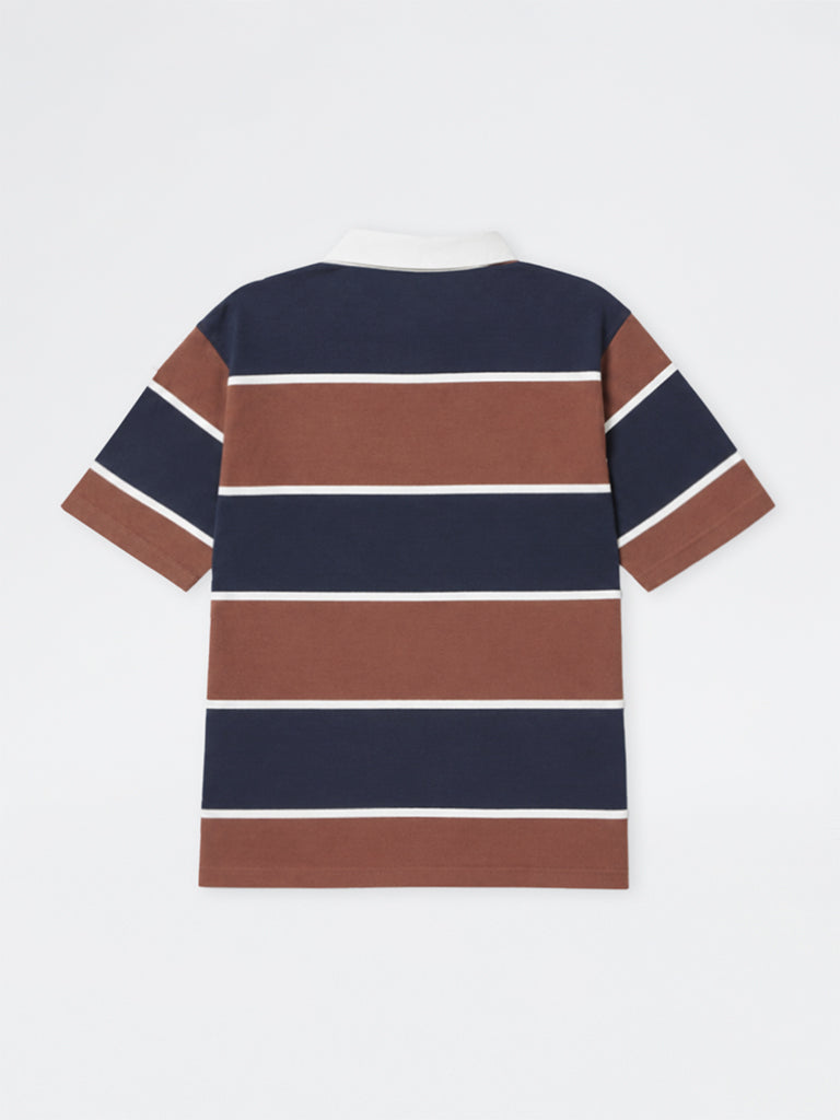 WES Casuals Brown and Navy Relaxed-Fit Cotton-Blend Polo T-Shirt
