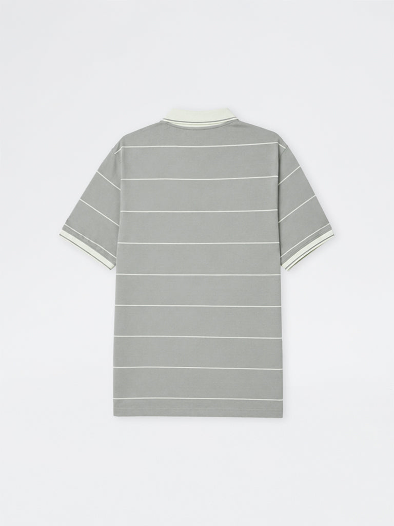 WES Casuals Grey Striped Relaxed-Fit Cotton-Blend Quarter Zip Polo T-Shirt