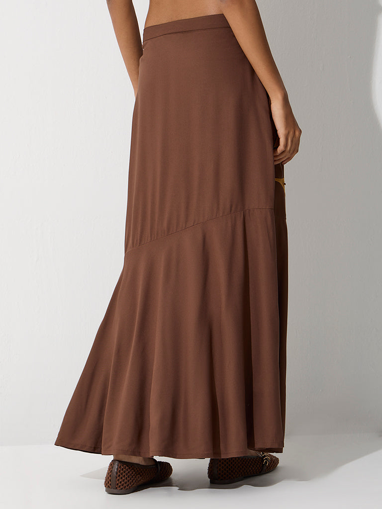 Bombay Paisley Dark Brown Leaf Design High-Rise Skirt