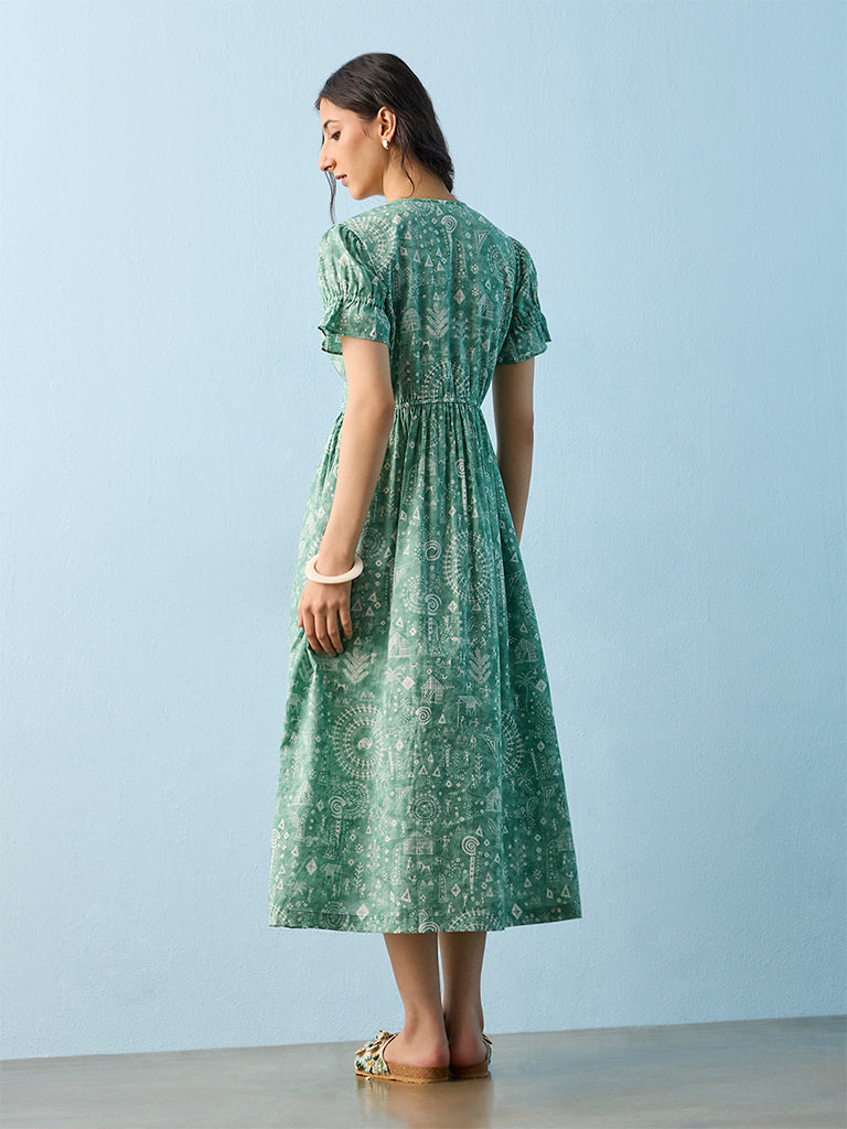 Bombay Paisley Green Printed Cotton A-Line Dress