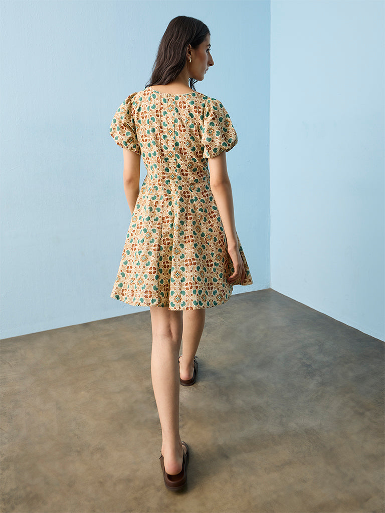 Bombay Paisley Off-White Printed Cotton A-Line Dress