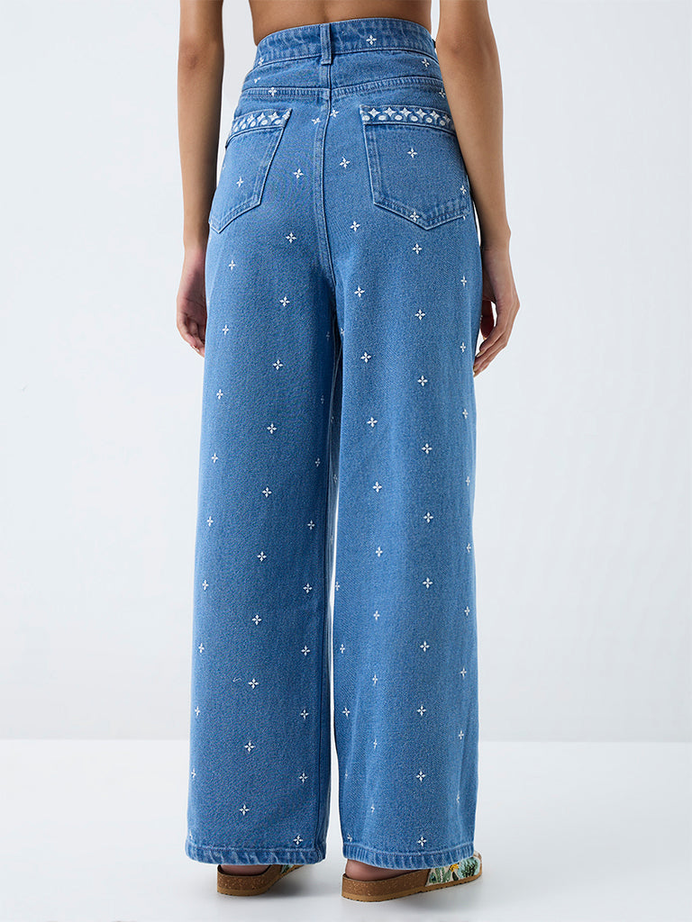 Bombay Paisley Blue Embroidered High-Rise Jeans