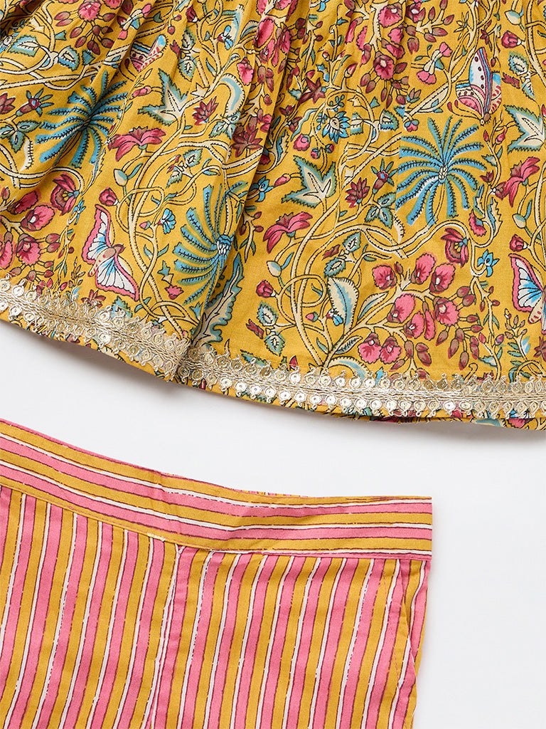 Utsa Kids Girls Yellow Printed Cotton Top and Pants Set - (2-8 yrs)