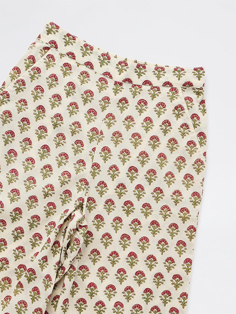Utsa Kids Girls Ivory Floral Printed Cotton Ethnic Pants - (8-12 yrs)