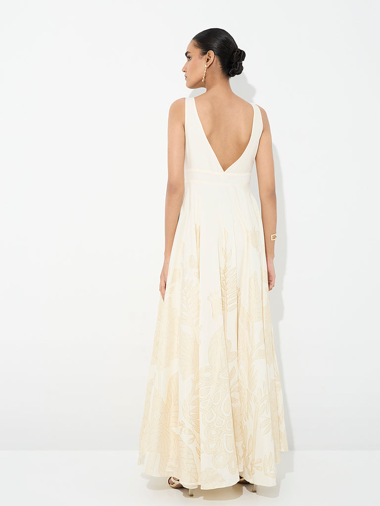 Vark Off-White Floral Embroidered Fit-and-Flare Maxi Dress