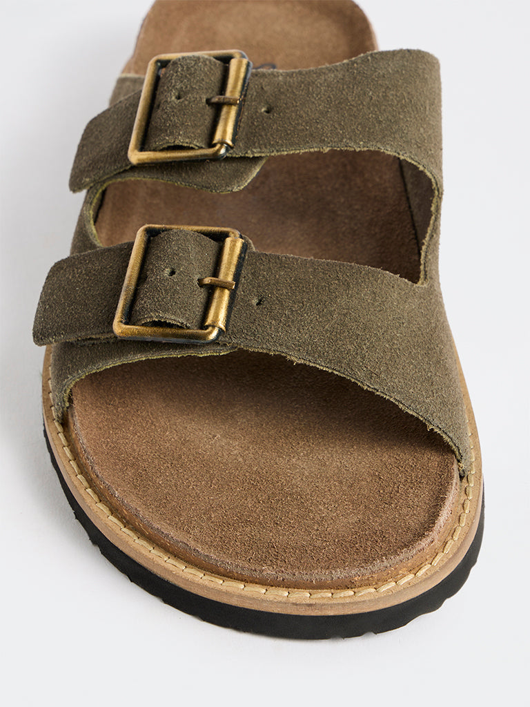 SOLEPLAY Dark Olive Dual-Strap Suede Slip-On Slides