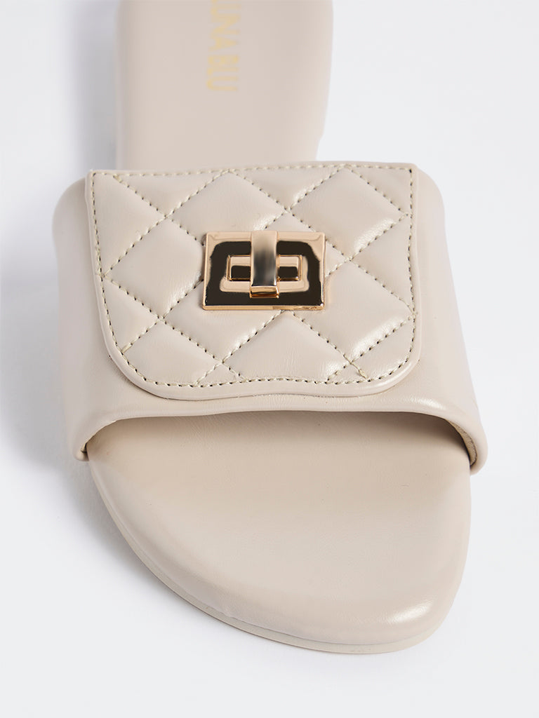 LUNA BLU Ivory Quilted Turn-Lock Slides