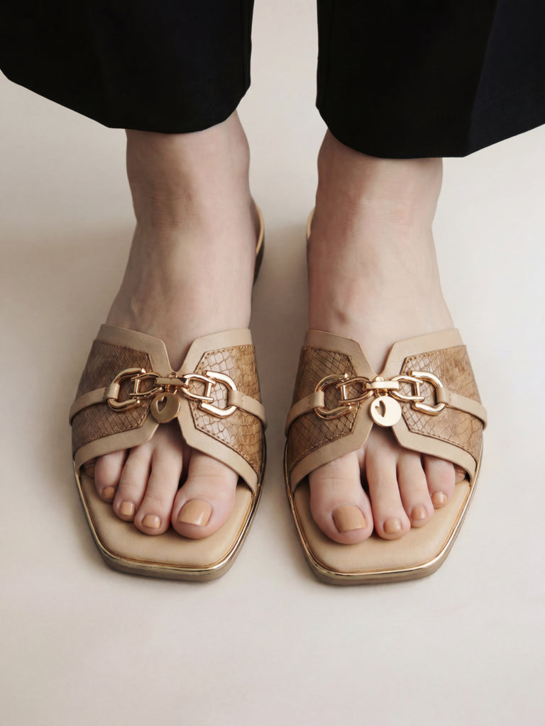 LUNA BLU Taupe Reptile Textured Slides