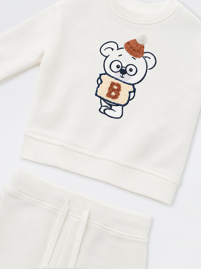HOP Baby Boys White Teddy Design Sweatshirt and Joggers Set