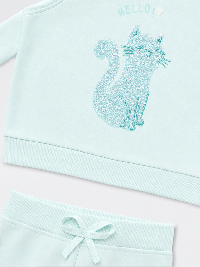 HOP Baby Girls Aqua Cat Embellished Sweatshirt and Pants Set