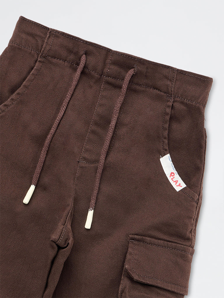 HOP Kids Boys Dark Brown Cargo-Style Mid-Rise Denim Joggers