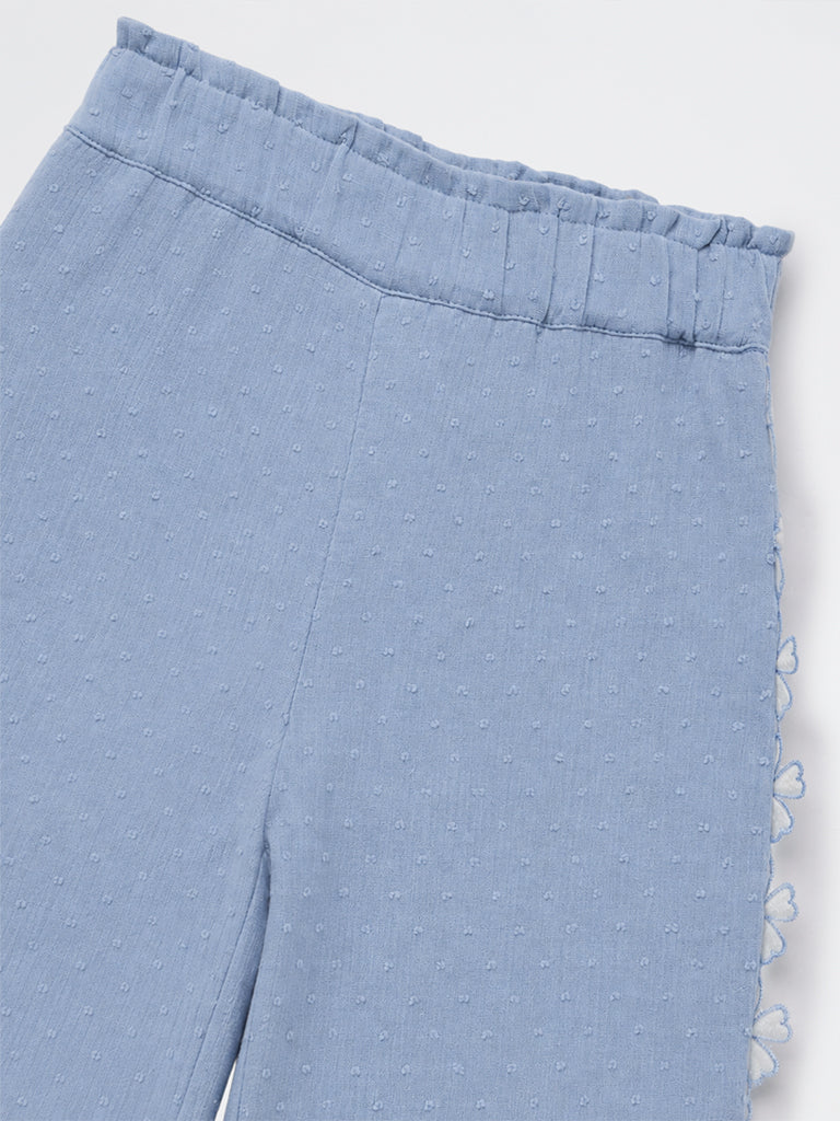HOP Kids Girls Dusty Blue Floral Design High-Rise Cotton Trousers
