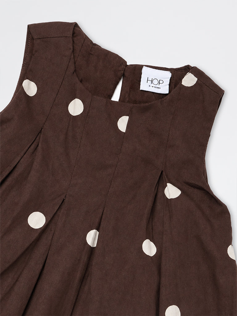 HOP Kids Girls Dark Brown Polka Dot Printed Cotton Bubble Dress