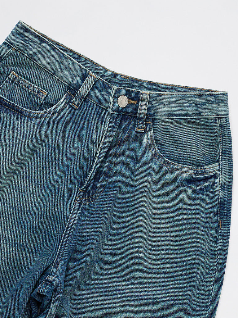 Girls Blue Washed High-Rise Denim Jorts