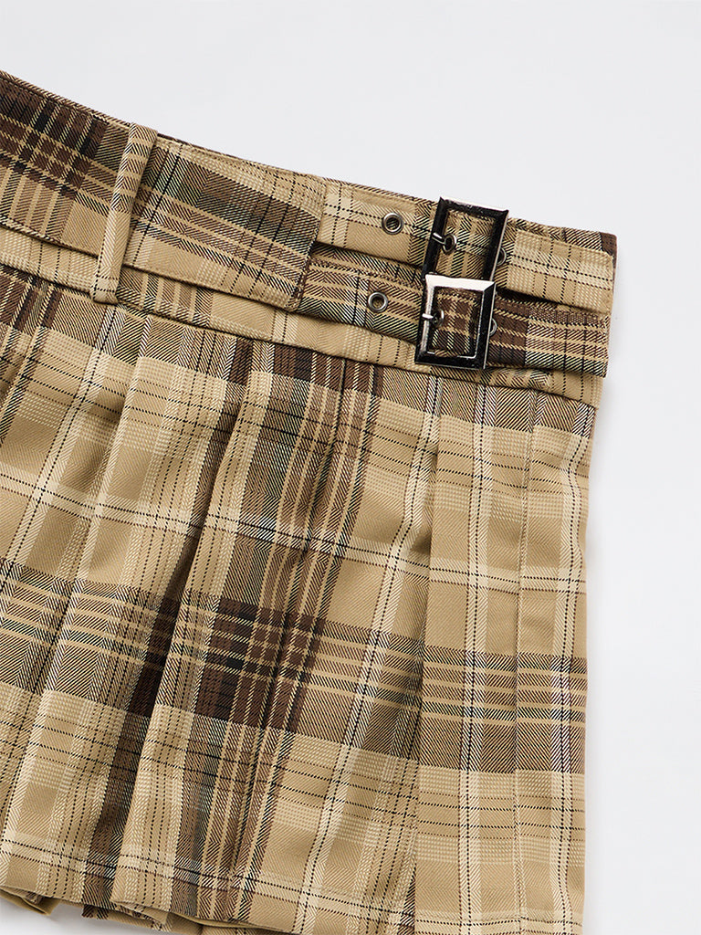 Girls Brown Checkered High-Rise Skirt
