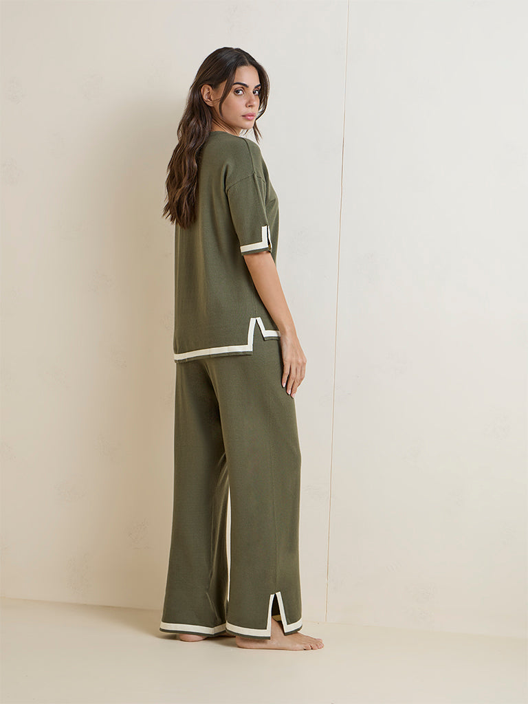 Wunderlove Olive Contrast Detailed High-Rise Pants