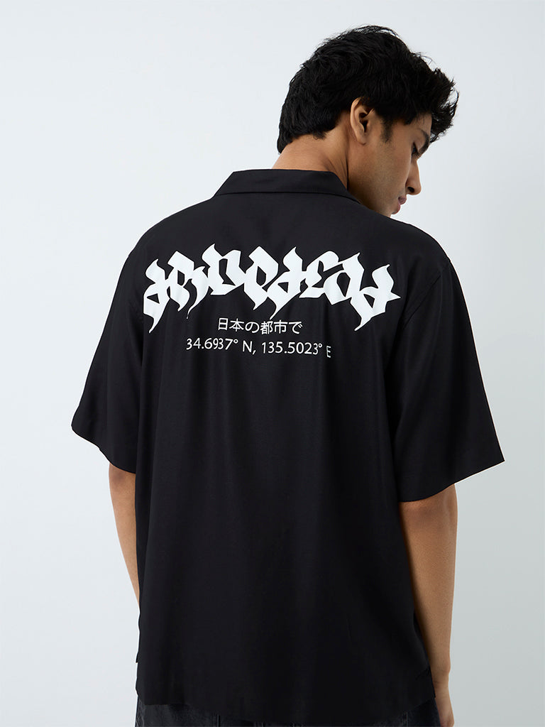 Nuon Black Japanese Embroidered Relaxed-Fit Shirt