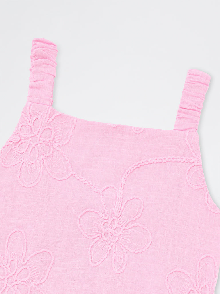 HOP Kids Girls Pink Floral Embroidered Cotton Top