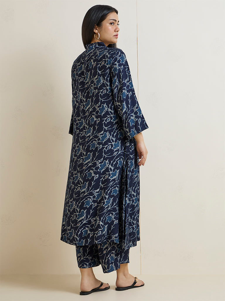 Diza Navy Floral Pattern A-Line Kurta