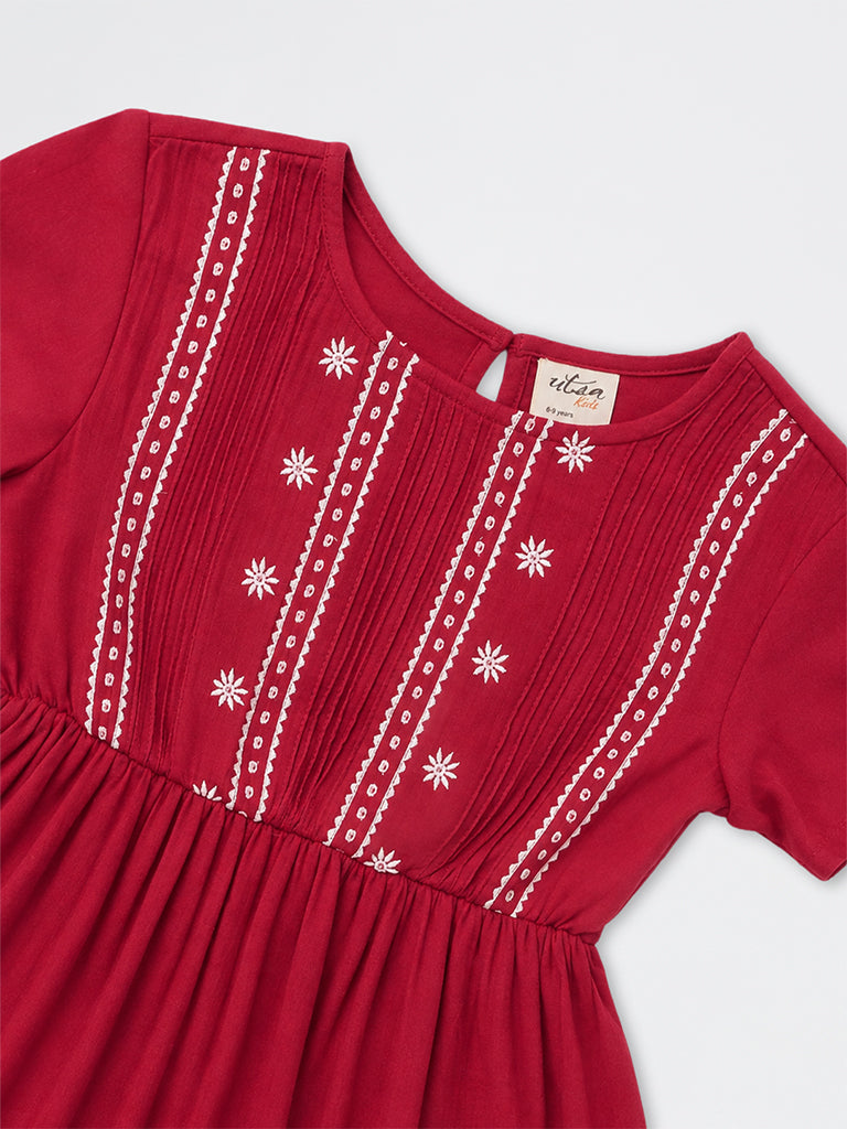 Utsa Kids Girls Red Floral Embroidered A-Line Cotton Dress (8-14 yrs)
