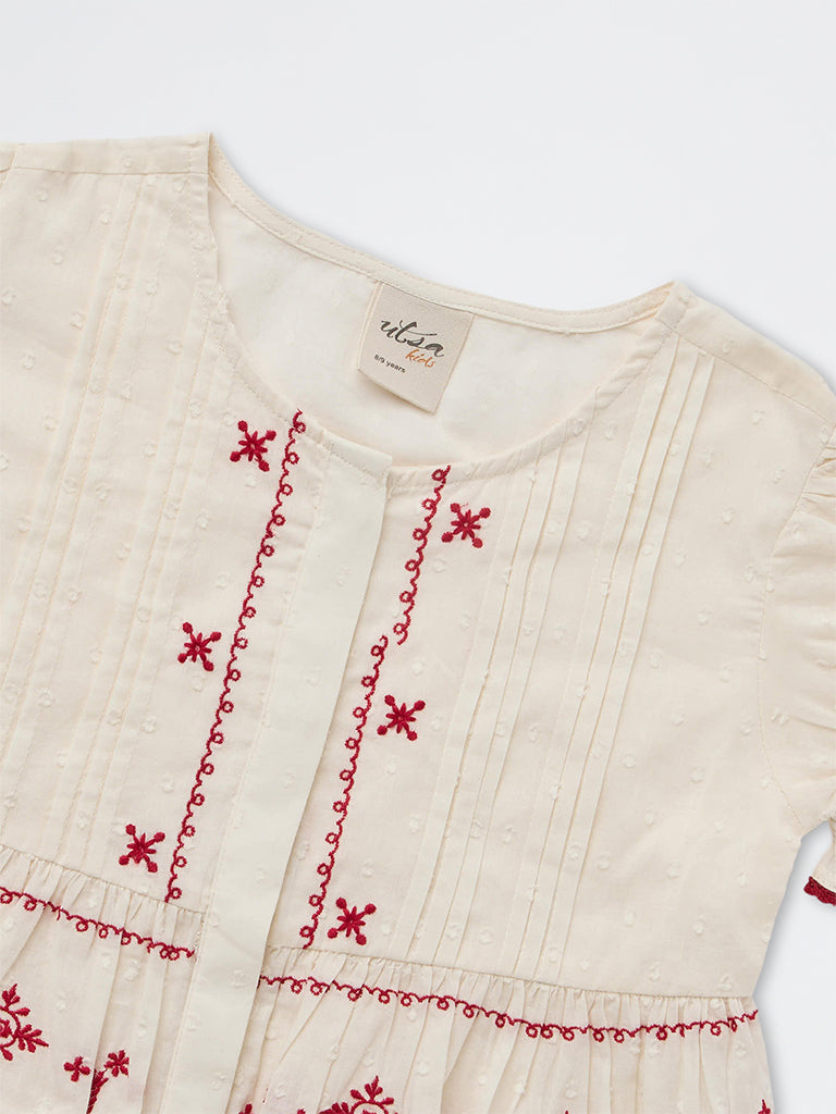 Utsa Kids Girls Off-White Embroidered Peplum Cotton Top - (8-14 yrs)