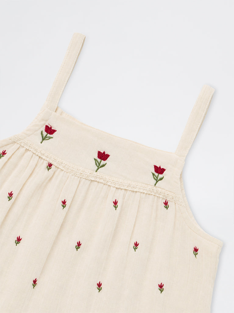 Utsa Kids Girls Off-White Floral Embroidered Cotton Top - (8-14 yrs)
