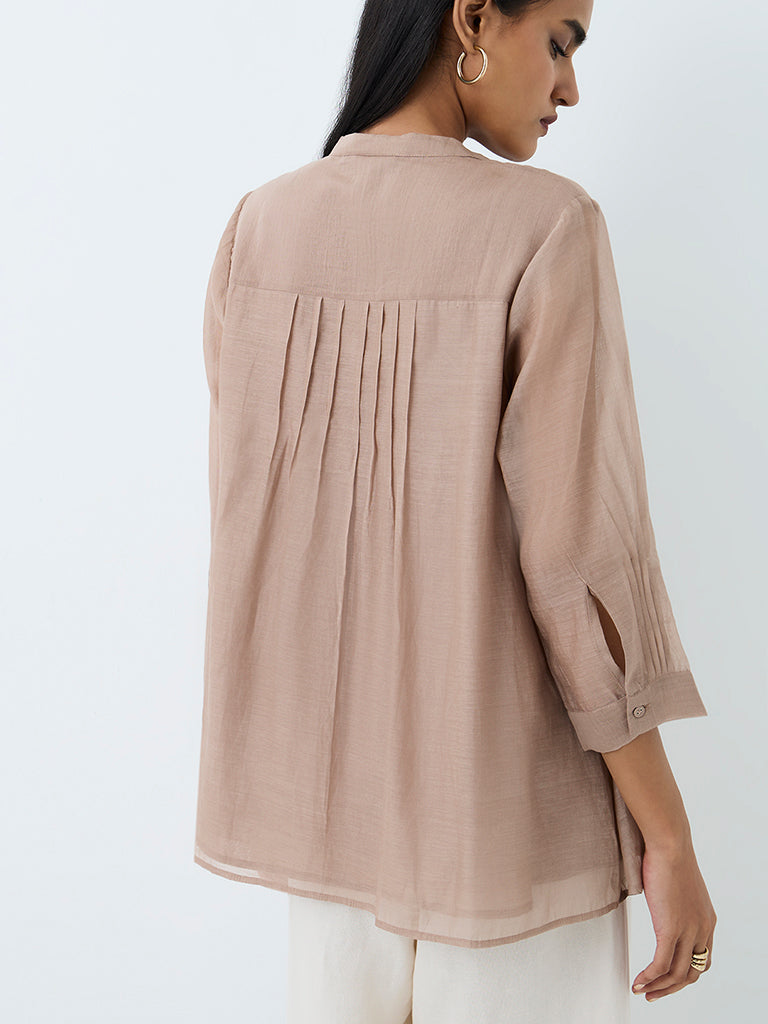 Zuba Taupe Pintuck Design Silk Chanderi Cotton-Blend Tunic