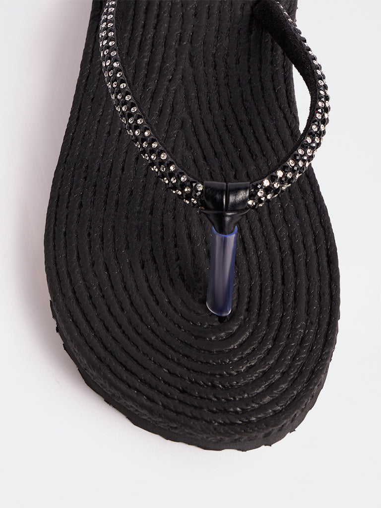 LUNA BLU Black Embellished Thong-Strap Flip-Flops