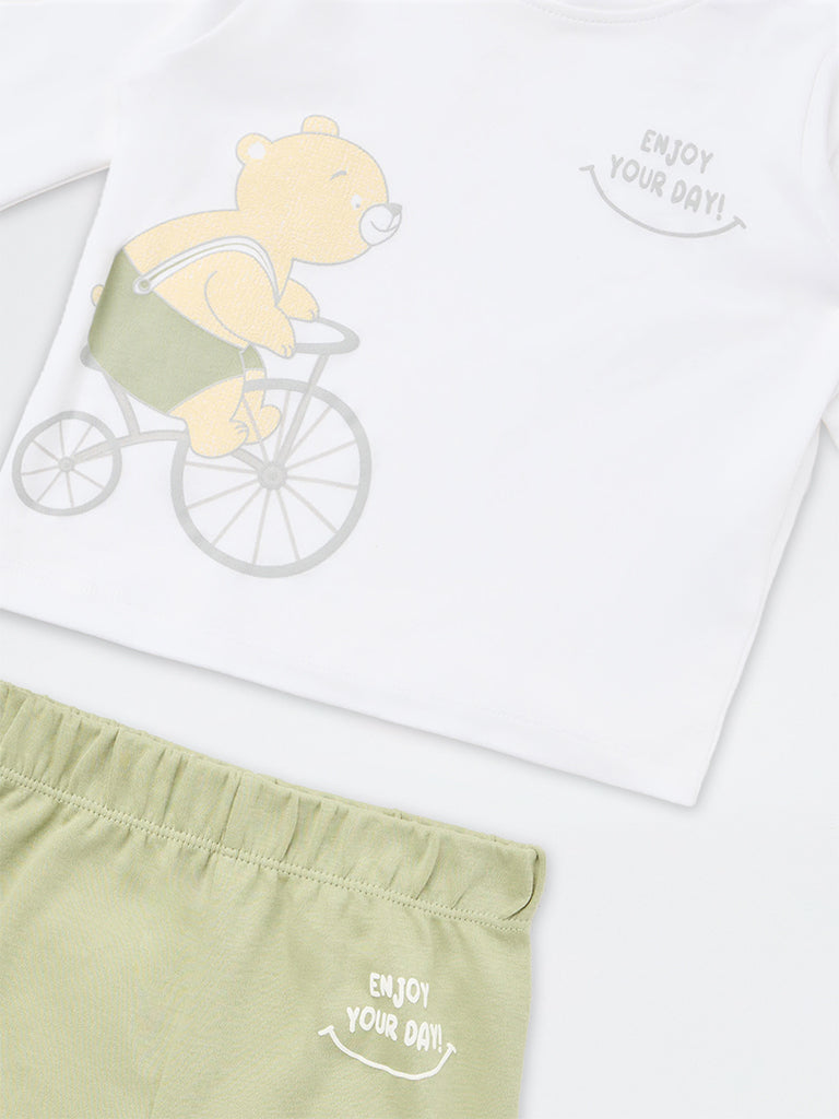 HOP Baby Boys White Printed Cotton T-Shirt with Pants Set