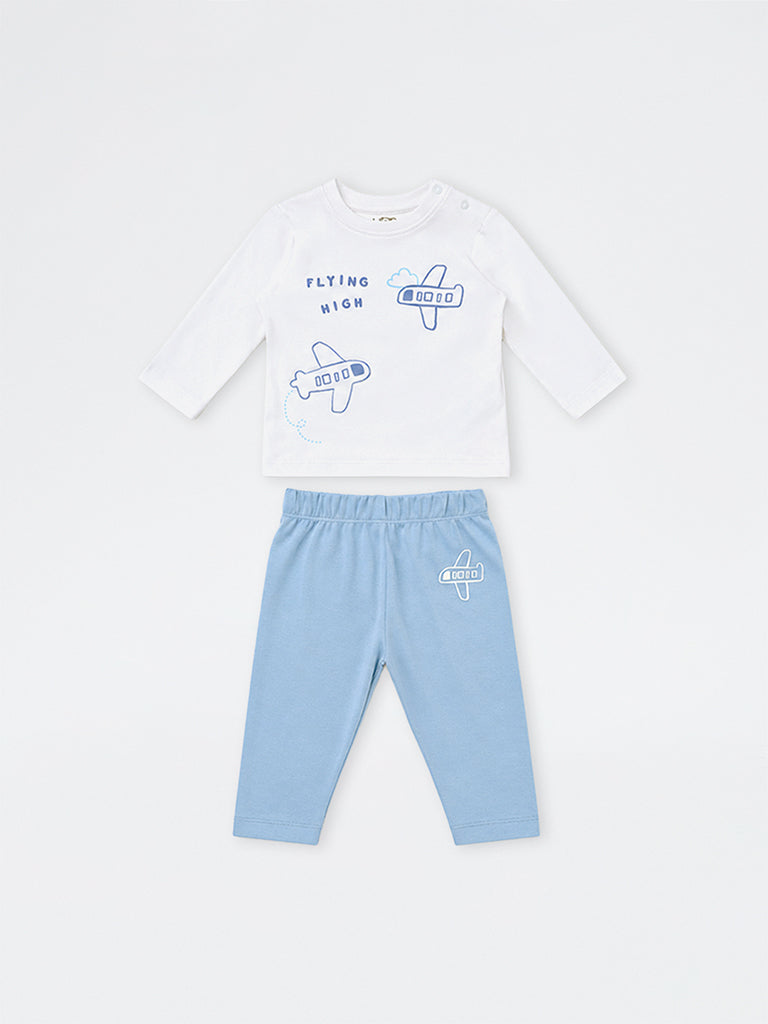 HOP Baby Boys Blue Printed Cotton T-Shirt with Pants Set
