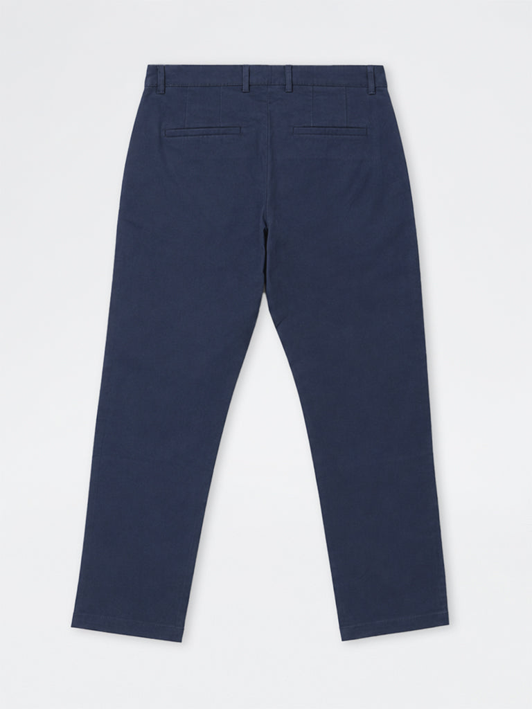 WES Casuals Navy Slim-Fit Mid-Rise Cotton-Blend Trousers