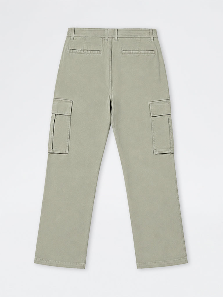 WES Casuals Light Olive Relaxed-Fit Mid-Rise Cotton Cargo Pants