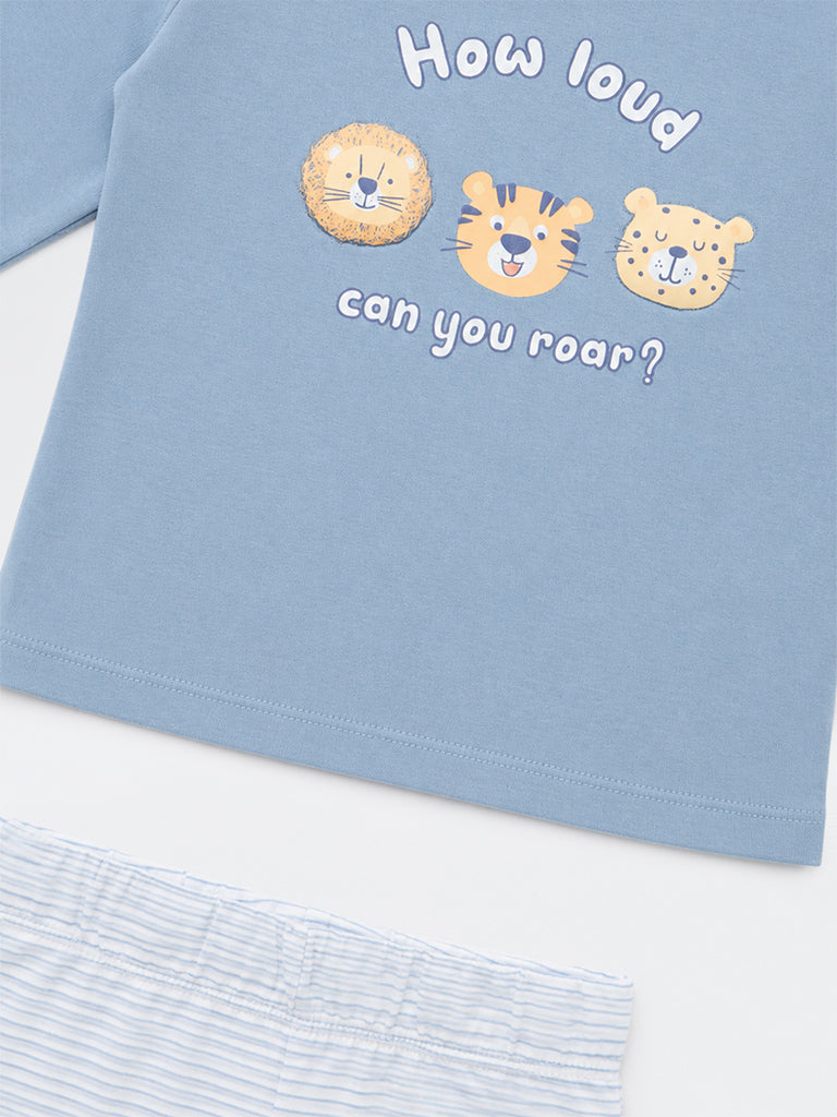 HOP Baby Boys Dusty Blue Animal Printed Cotton T-Shirt and Pants Set