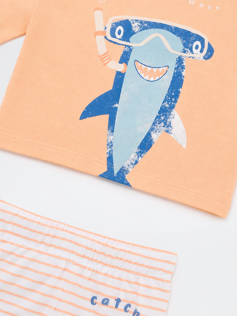 HOP Baby Boys Orange Shark Printed Cotton T-Shirt and Pants Set