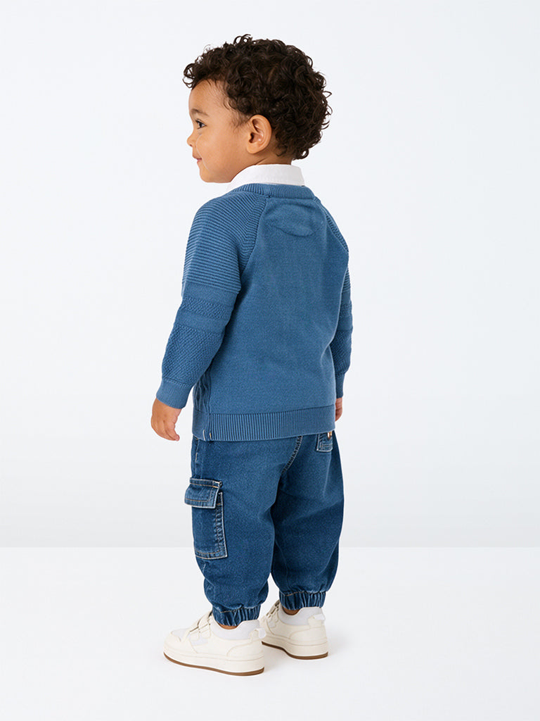 HOP Baby Boys Blue Cable-Knit Cotton Sweater