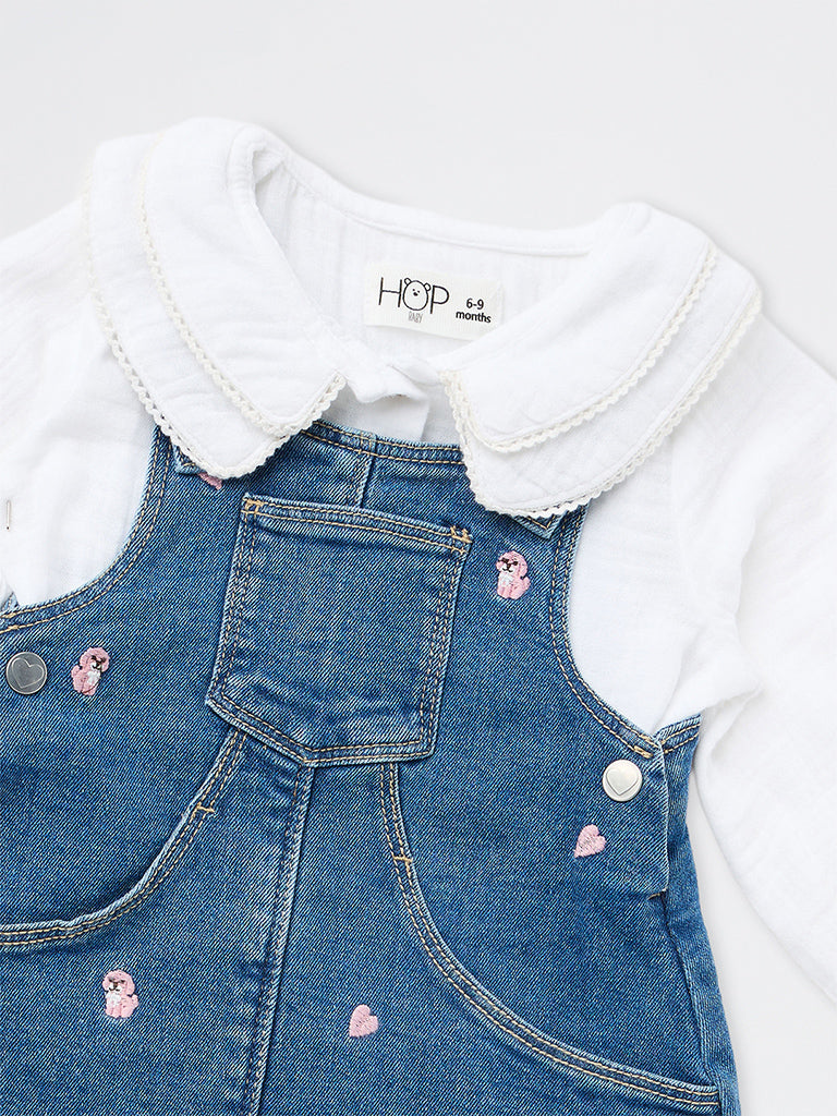 HOP Baby Girls Blue Embroidered Denim Pinafore and T-Shirt Set