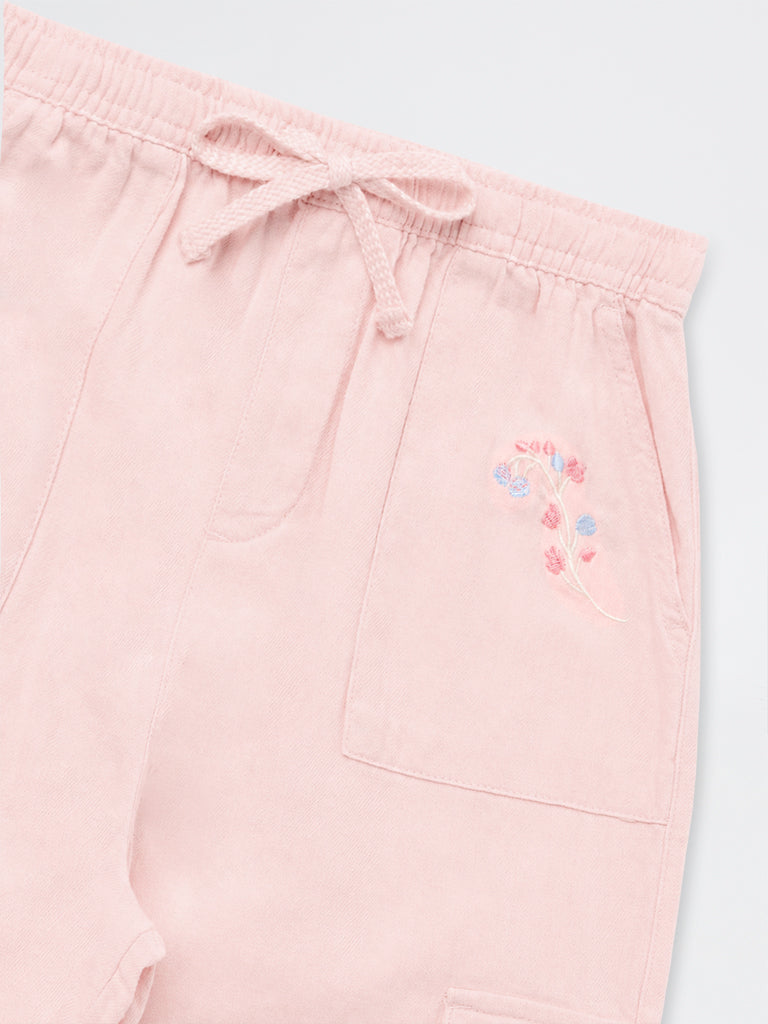 HOP Kids Girls Pink Floral Embroidered High-Rise Cotton-Blend Pants