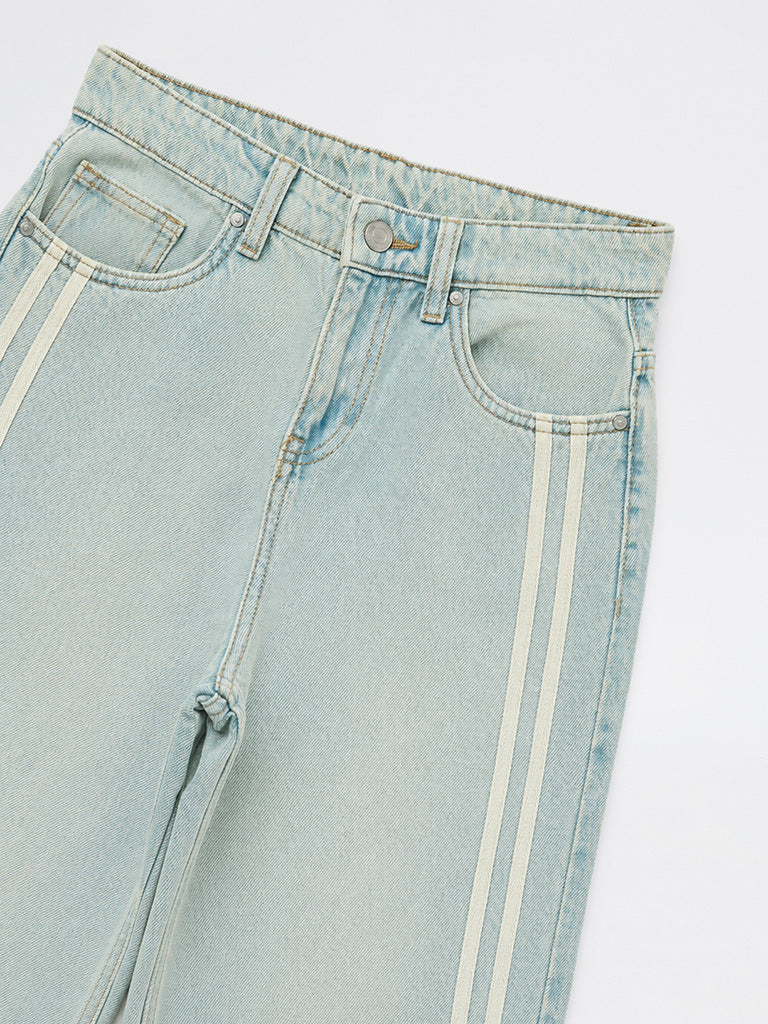 Boys Light Blue Striped Mid-Rise Jeans