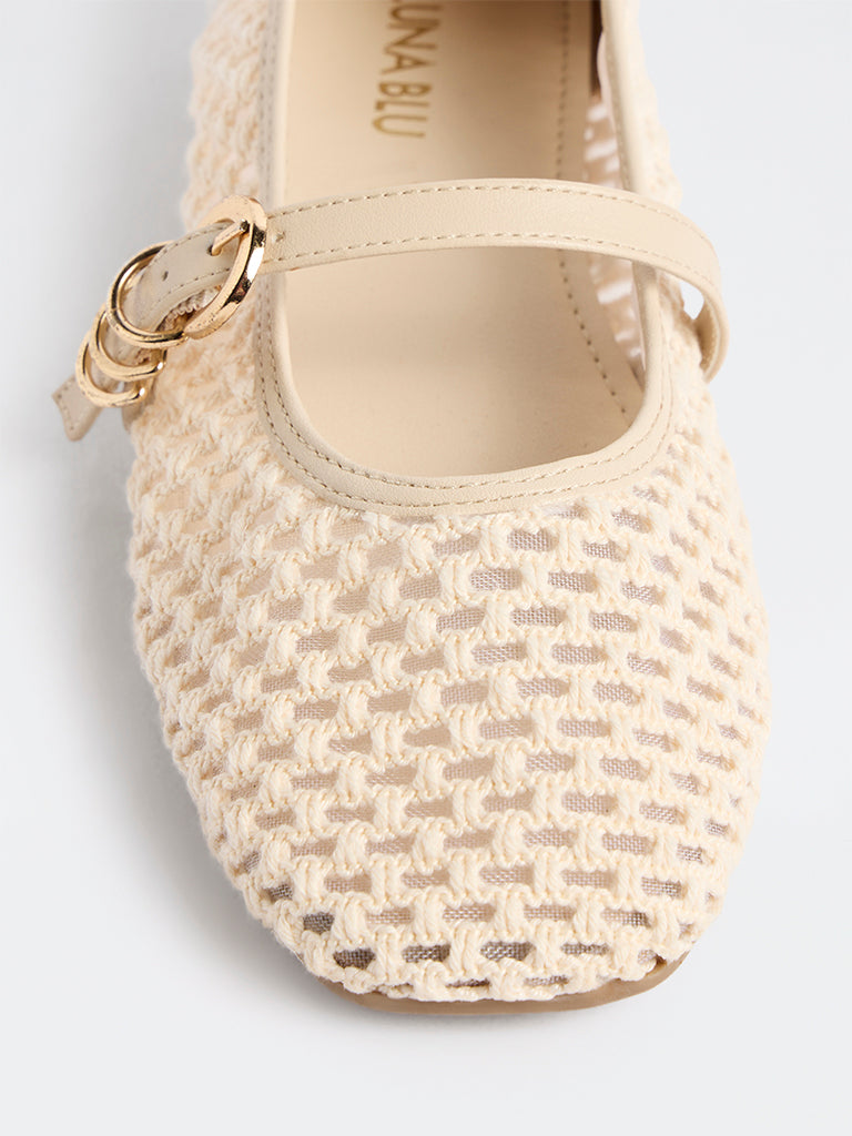 LUNA BLU Ivory Crochet-Textured Mary Jane Shoes