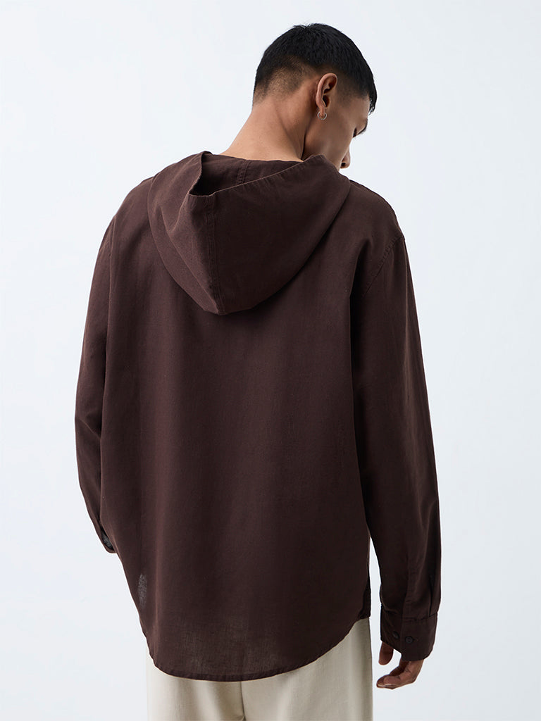ETA Dark Brown Solid Relaxed-Fit Cotton-Blend Hooded Shirt