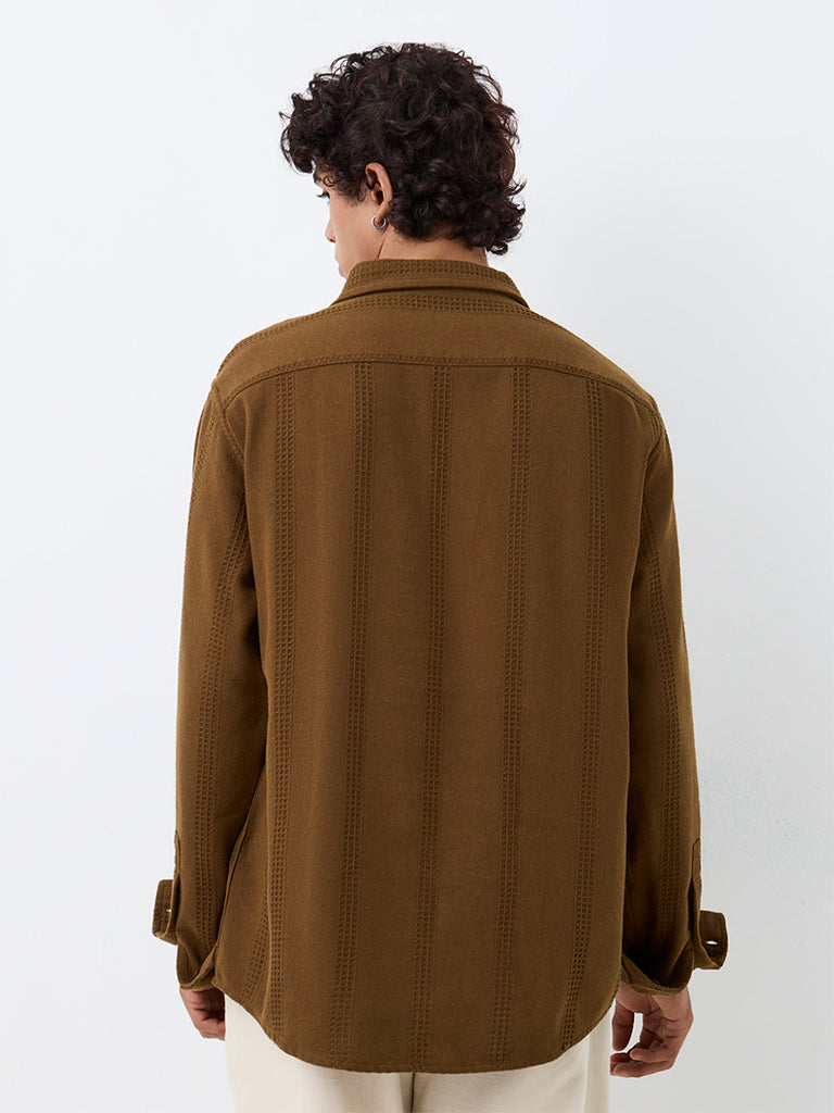 ETA Brown Waffle-Striped Relaxed-Fit Cotton-Blend Shirt