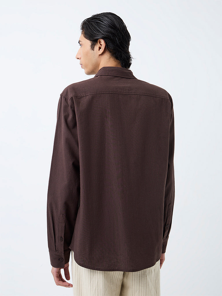 ETA Dark Brown Embroidered Relaxed-Fit Cotton-Blend Shirt
