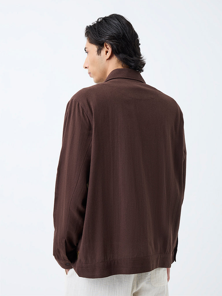 ETA Dark Brown Floral Embroidered Relaxed-Fit Shirt