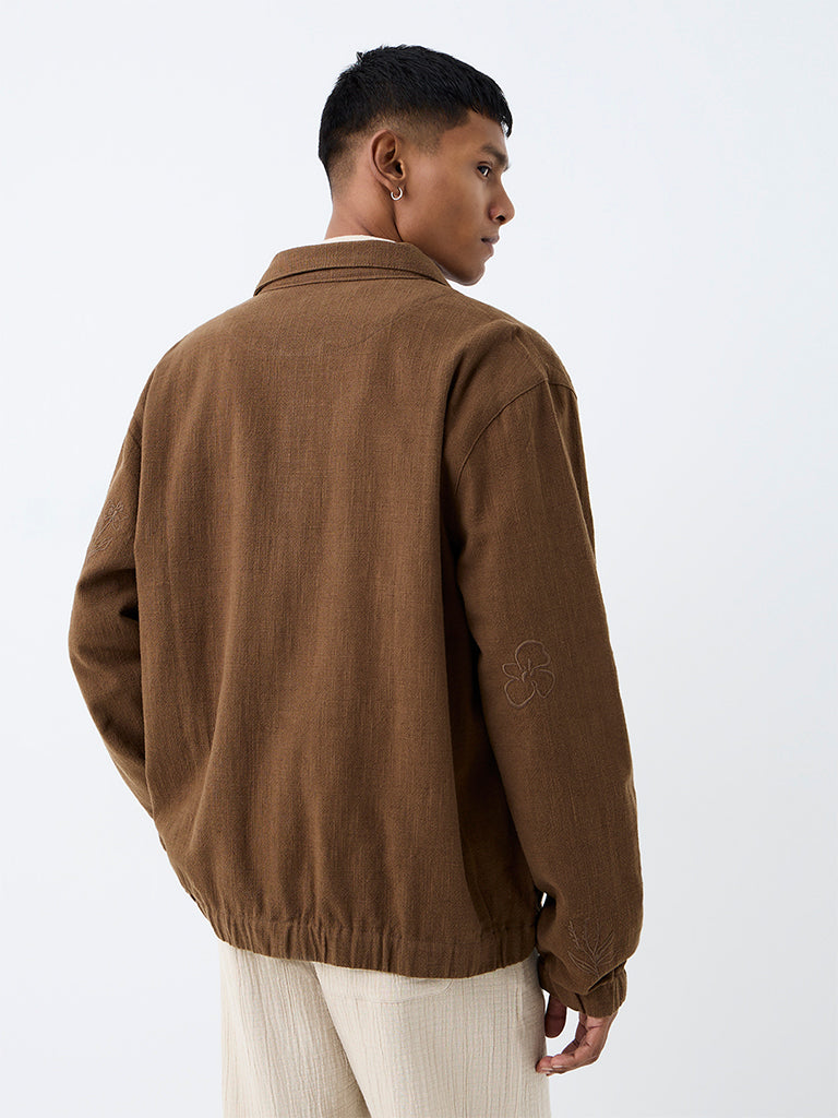 ETA Brown Floral Embroidered Relaxed-Fit Cotton-Blend Jacket