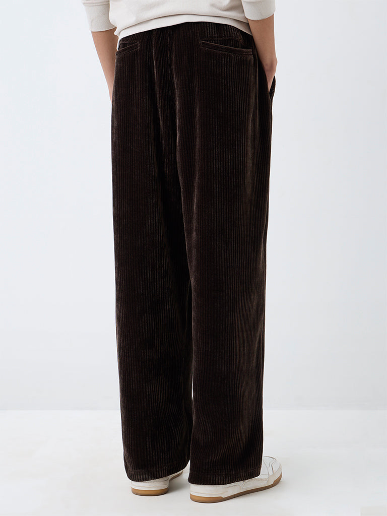 Nuon Dark Brown Corduroy Baggy-Fit Mid-Rise Pants