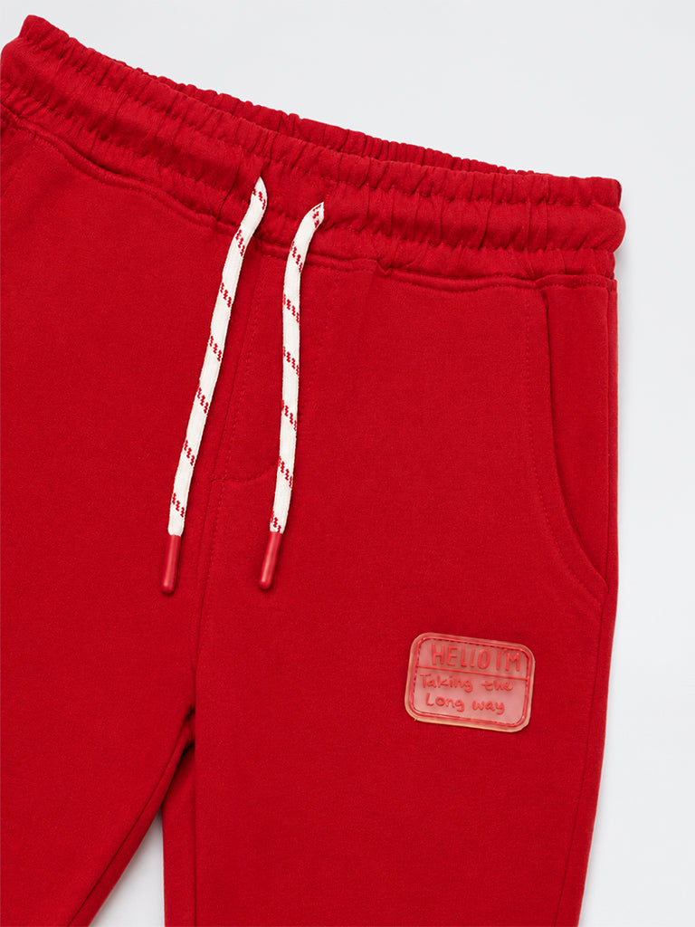 HOP Kids Boys Red Patch-Detail Mid-Rise Cotton-Blend Joggers