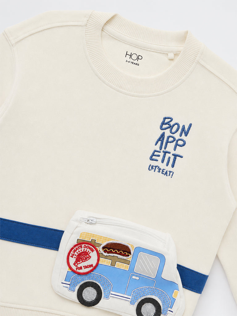 HOP Kids Boys Off-White Printed Sling-Bag Style Cotton Sweatshirt