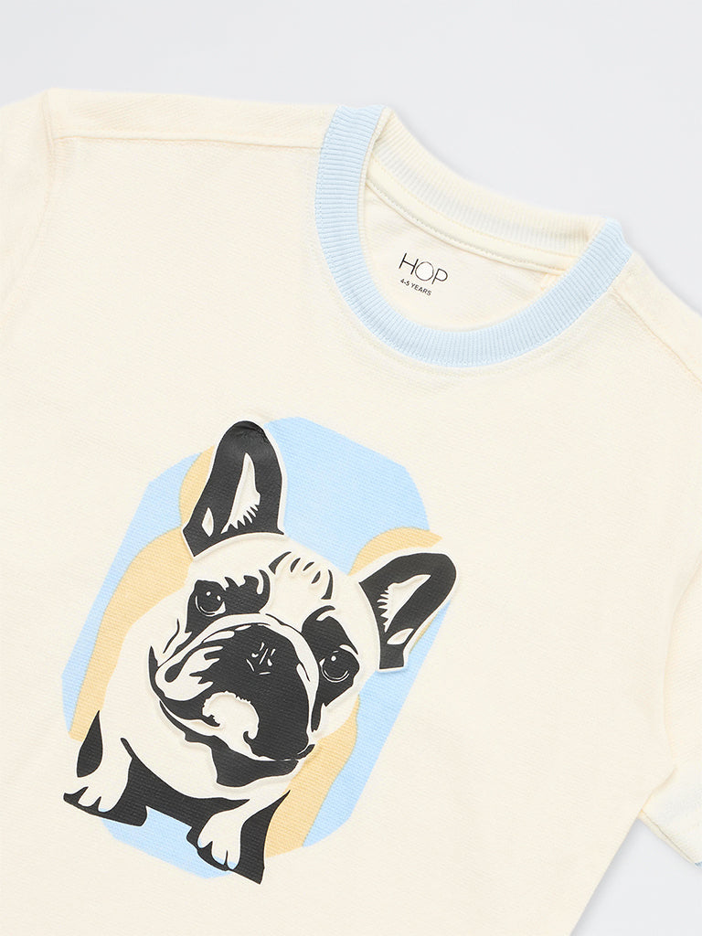 HOP Kids Boys Off-White Dog Printed Cotton T-Shirt