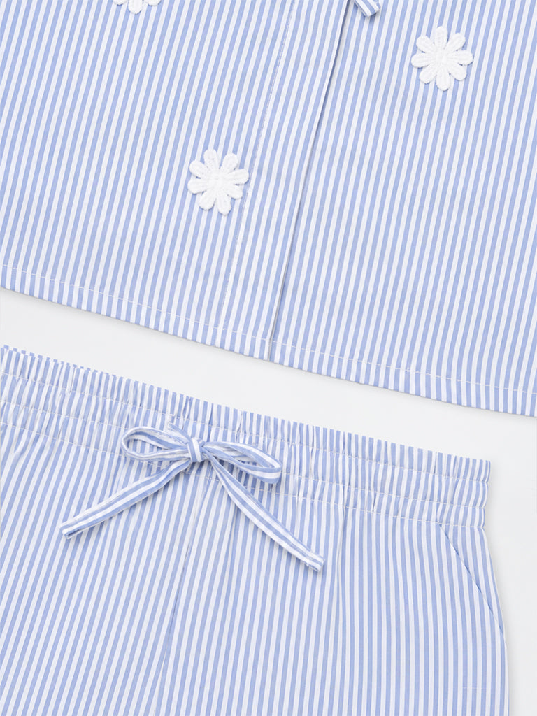 HOP Kids Girls Blue Striped Cotton Top and Shorts Set